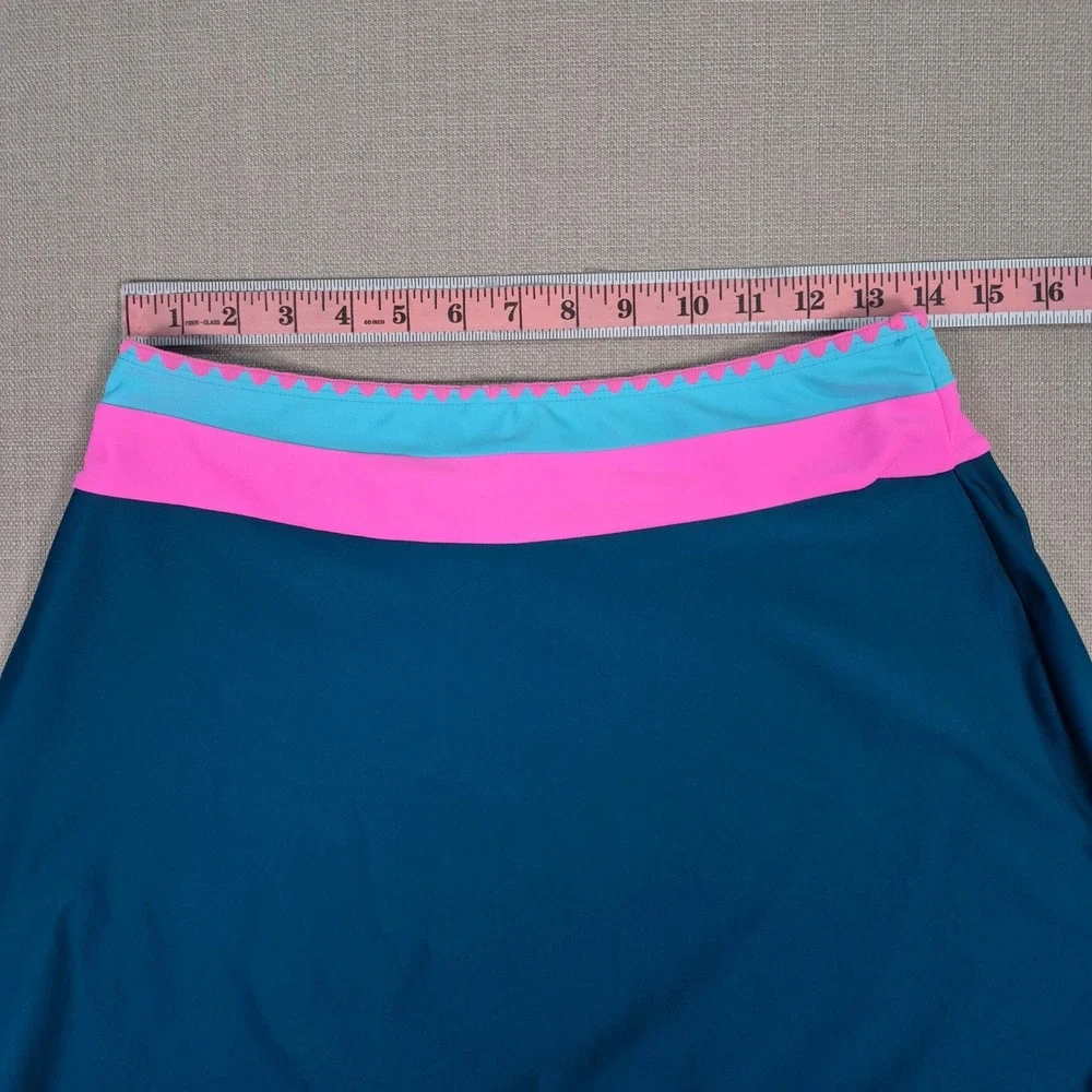 Popvil 3 Piece Swimsuit Set Teal Pink Colorblock Ric Rac Skirt Bikini Womens L